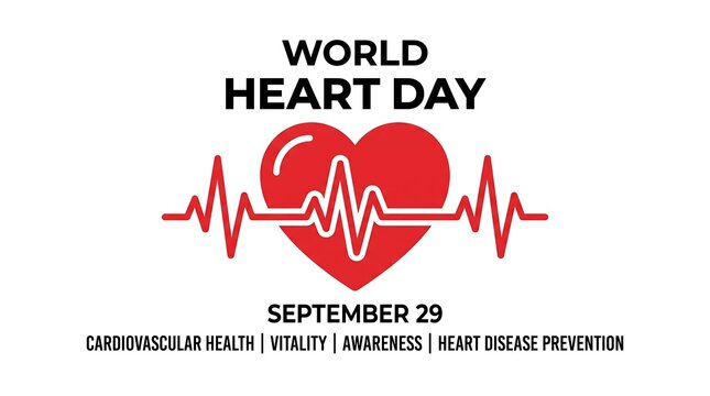 World Heart Day banner with red heart and pulse line, cardiovascular health awareness poster, heart disease prevention graphic