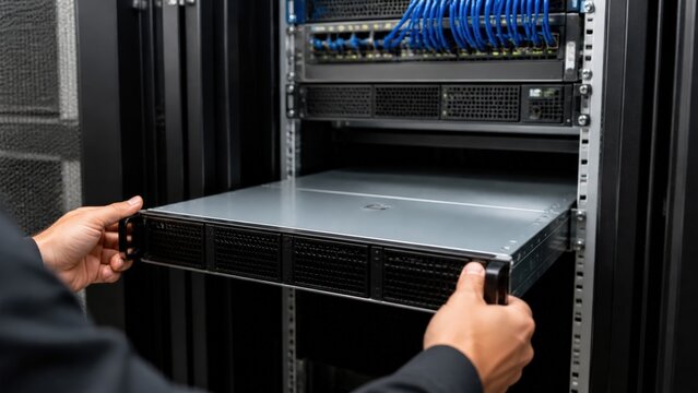 Hands installing server rack unit in data center for IT infrastructure