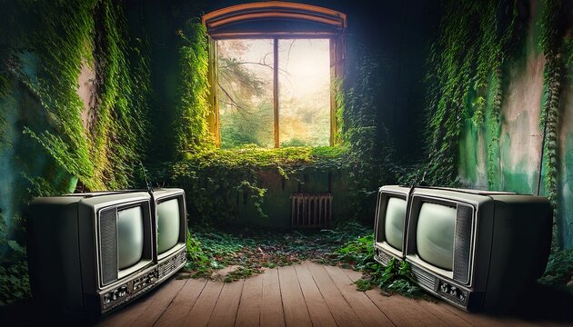 abandoned vintage televisions covered in overgrown vines inside a dark dilapidated room this represents themes of obsolescence and urban decay