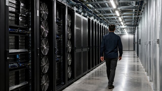 IT engineer walking server rack aisle for technology background