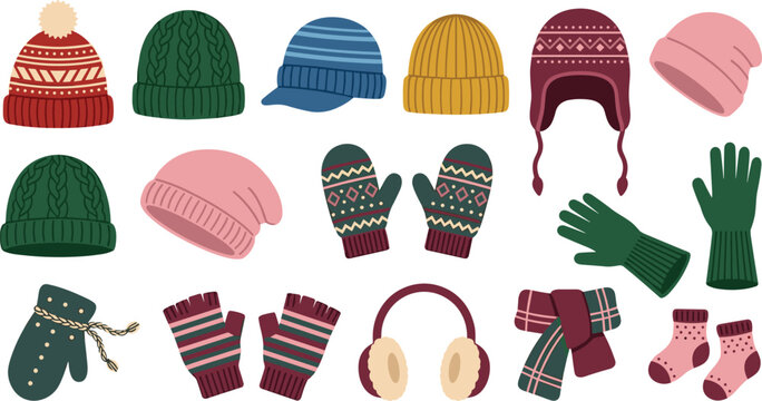 Cozy Winter Headwear and Warm Accessories Vector Icon Set with Knitted Beanies Earflap Hats Mittens Earmuffs Scarves and Socks for Seasonal Apparel Designs