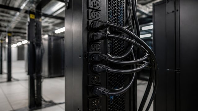 Server rack with power cables in data center for technology background