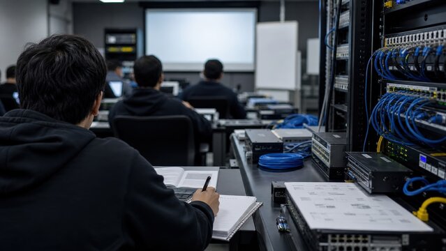 Cyber security training students in network lab with server rack