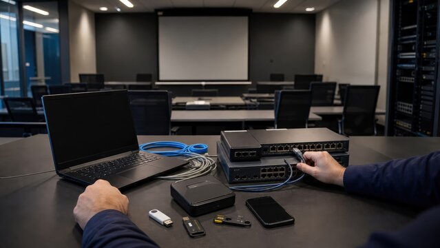 IT training room with network switch ethernet setup for cyber security