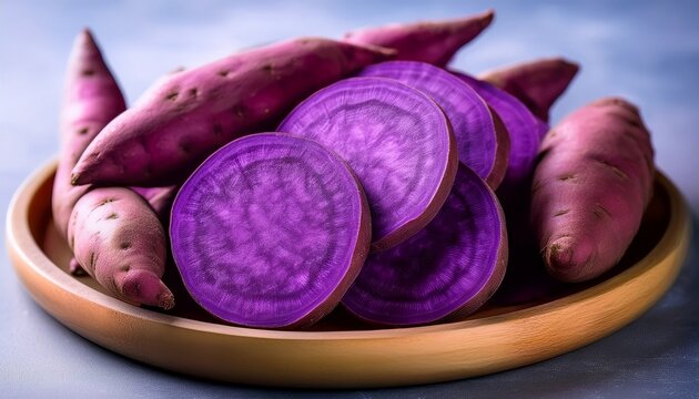 freshly sliced purple sweet potatoes showcasing their vibrant violet texture ideal for healthy eating campaigns and culinary concepts