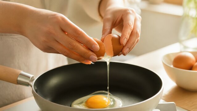 Hands cracking egg into frying pan for healthy breakfast home cooking