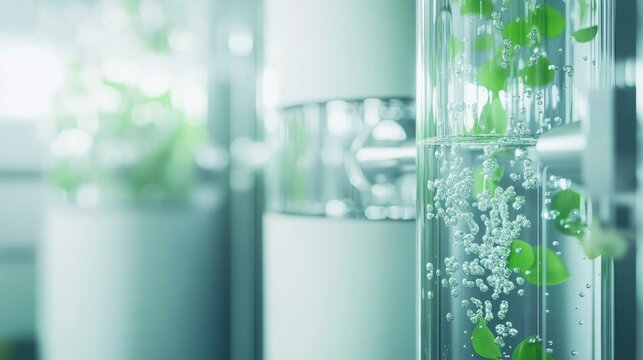 Bubble formation in water with floating green leaves in a laboratory setting