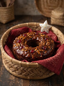 Whole Filipino Christmas Fruitcake in Traditional Woven Abaca Basket with Capiz Star
