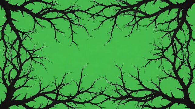 Black thorny branch silhouette slowly creeping and wrapping around the screen edges on a bright green background for compositing and transition effects