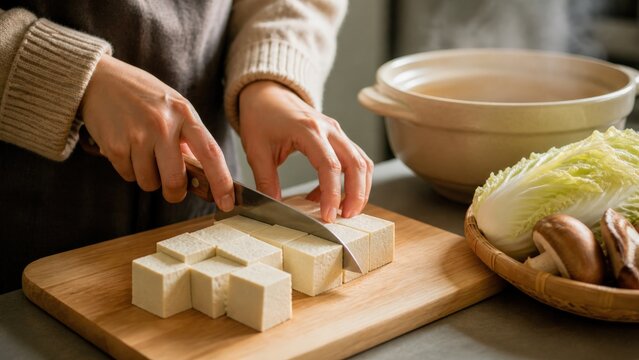 Hands slicing tofu on cutting board for Japanese nabe hot pot
