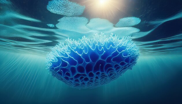 bright blue porous object floats submerged in clear sunlit water