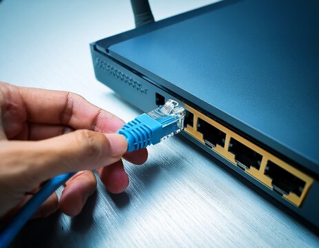 hand plugging blue ethernet cable into lan port on modern wi fi router for home network connection