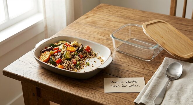 Reduce Waste Save for Later Note with Leftover Roasted Vegetables Quinoa in Dish and Glass Food Storage Container