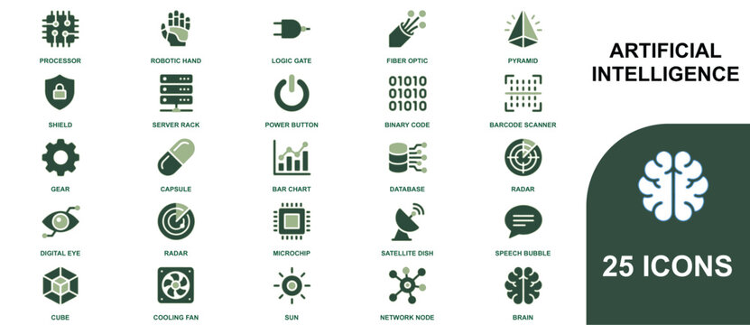 Twenty five artificial intelligence representing advanced computing concepts in green color tones brain