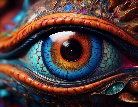 intricate close up of a fictional creature s mesmerizing eye showcasing detailed textures and vibrant colors creating a captivating and otherworldly gaze