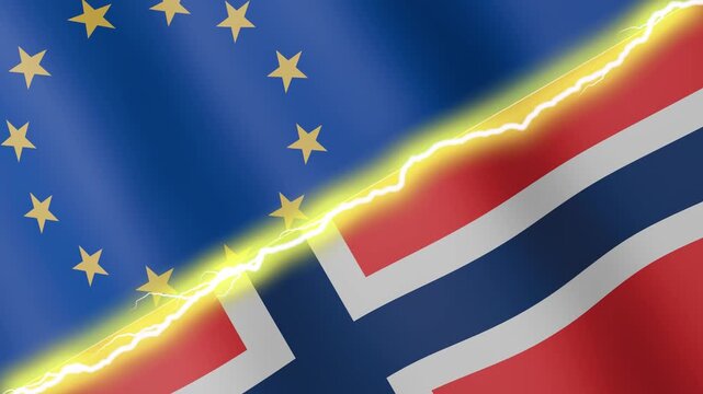 Two waving flags European Union and Norway with diagonal lightning seamless, 4k loop