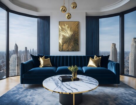 luxurious living room featuring a navy blue velvet sofa abstract gold art marble coffee table and floor to ceiling windows with a city view