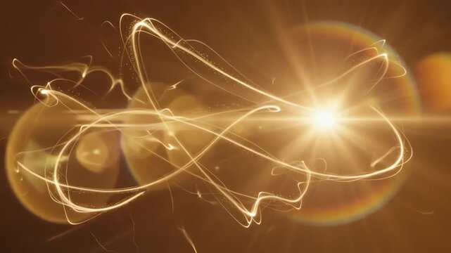 Cinematic slow pan across a deep amber background with large golden lens flares and shimmering light persistence trails moving through film texture