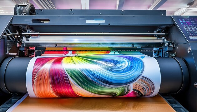 industrial large format inkjet printer printing colorful graphic design on vinyl roll