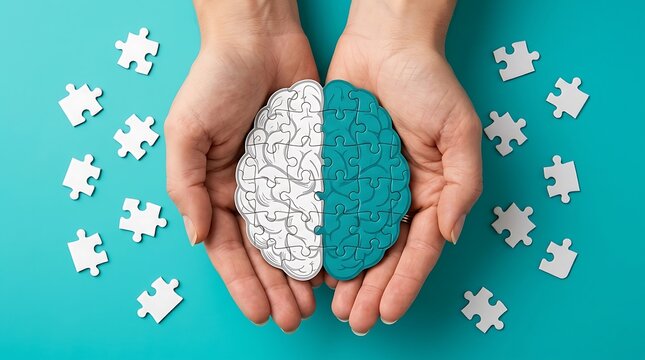 Human hands holding a puzzle brain shape on a blue background