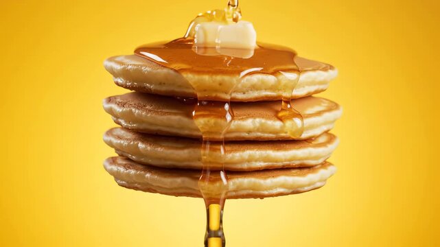 Close up shot of fluffy golden pancakes levitating in the air while thick amber honey drips slowly down the sides on a bright yellow studio background