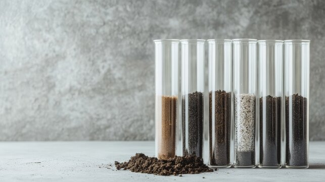 Different types of soil samples in glass tubes on a gray background in a lab setting