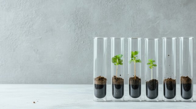 Plants growing in test tubes on a clean surface inside a laboratory setting