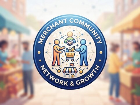Merchant Community Network and Growth Badge Concept with Shopping Cart and Handshake