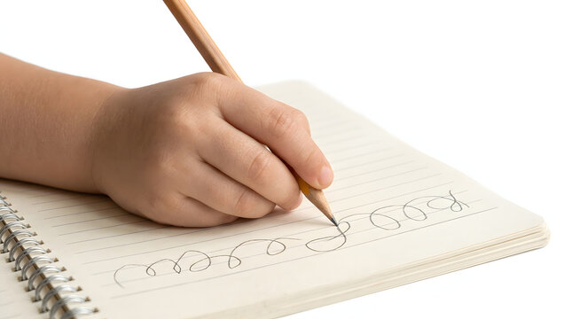 Hand writing with a wooden pencil on white lined paper inside an open spiral notebook capturing the early stages of learning cursive strokes in a clean bright studio light setting