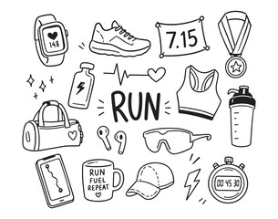 Hand drawn running icons set with sports gear, heart monitor, stopwatch, and apparel doodle outline style, with running, fitness, sport, jogging detail, showing sprint, marathon, treadmill, track © Yanka