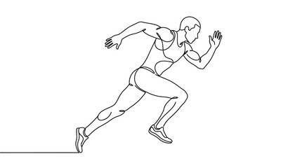 Fototapeta premium Male athlete sprints forward in a continuous single line drawing illustration on white background.