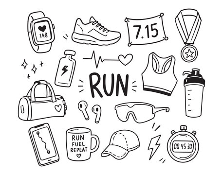 Hand drawn running icons set with sports gear, heart monitor, stopwatch, and apparel doodle outline style, with running, fitness, sport, jogging detail, showing sprint, marathon, treadmill, track