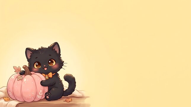adorable background of a chibi black cat hugging a pastel pink pumpkin with ample yellow copy space.