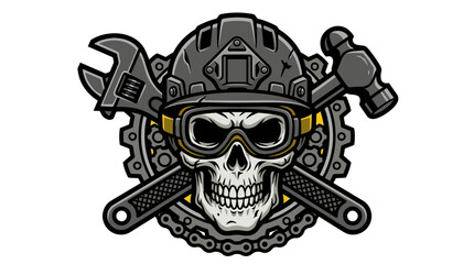 Fototapeta premium Vector Graphic Illustration of a Mechanic Skull with Tools and Gear Emblem Design