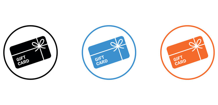 Set of three colorful gift card icons with ribbons in circular frames for retail marketing design.