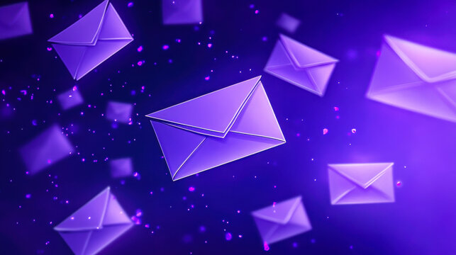 Letter envelopes falling on purple background, concept of various messages