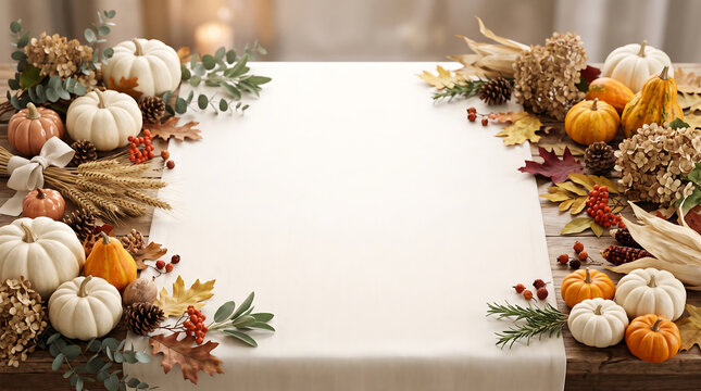 Autumn harvest table decoration with pumpkins and fall leaves