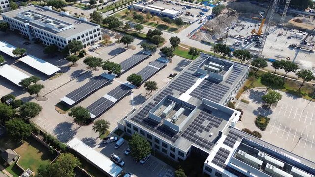 Photovoltaic solar panels cover corporate rooftops near Warren Parkway across North DFW suburbs. Shaded parking canopies border commercial facilities beside active groundwork, Frisco, Texas