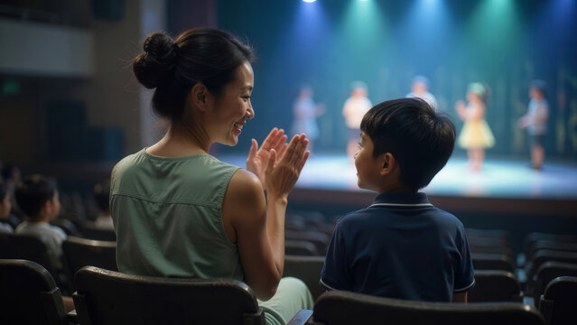 Asian mother clapping hands for son in theater watching school performance, parenting support and family pride