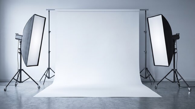 Professional photo studio setup with white backdrop and large softbox lighting equipment photography equipment studio lights concrete floor dark walls background