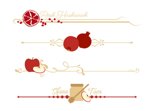 A set of Rosh Hashanah themed divider lines with text. Sweet pomegranate, apple, and honey
