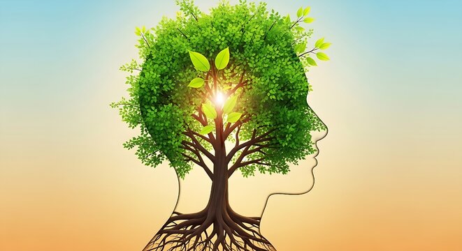Conceptual illustration of a human head silhouette filled with a green tree representing growth and mindfulness.
