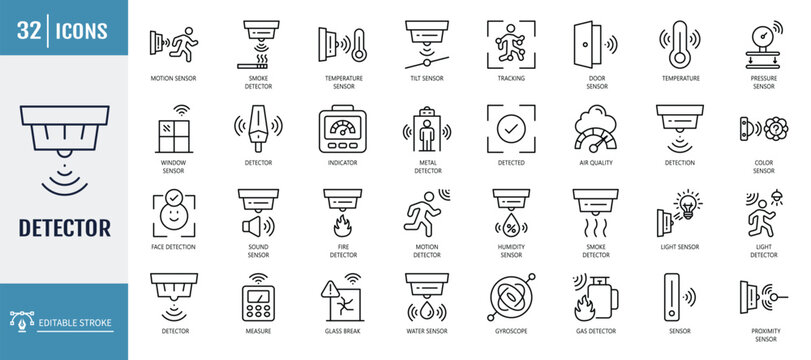 Detector icon set. including detection, sensor, motion, smoke, security, metal, face recognition and more. vector illustration with editable stroke