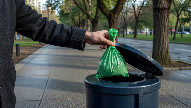 Man dropping plastic bag into public trash can on street, city sanitation and environmental responsibility