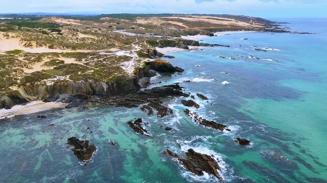 View of the Almograve beach near the parish of Longueira Almograve, Odemira, Alentejo, Portugal.
