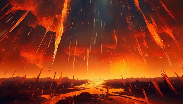 a fiery orange sky with a lot of rain falling from it
