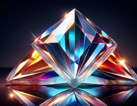 a luminous rhombus shaped crystal stands elegantly on a reflective surface its multifaceted design catching and refracting light in a mesmerizing display of clarity