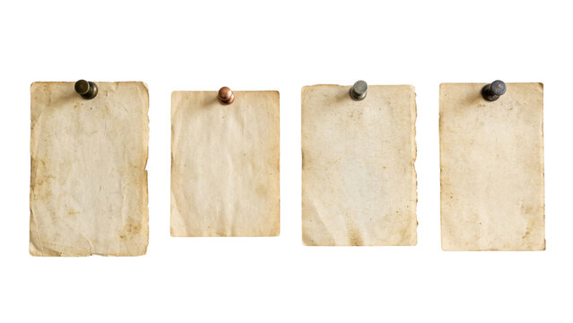 Four aged blank paper sheets pinned on transparent background in row