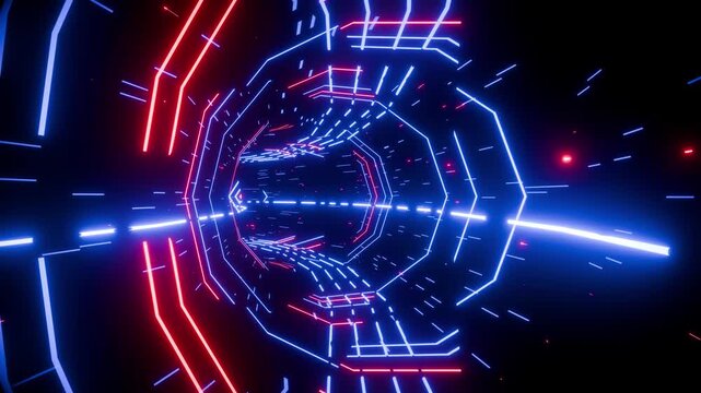 Neon red and blue futuristic sci-fi vj tunnel loop animation background with glowing lights and tubes 