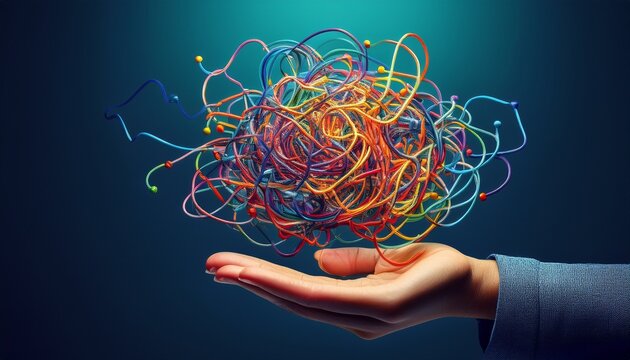 complex problem solving concept featuring a hand transforming tangled chaos into a clear strategic solution for business success